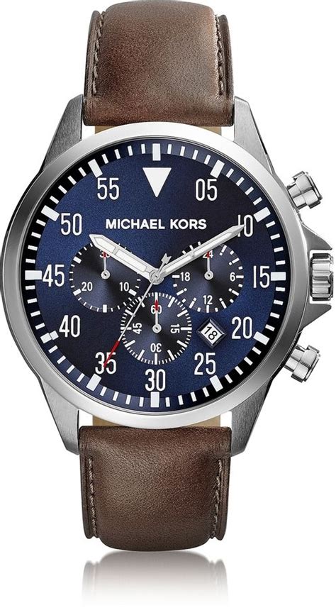 michael kors gage leather strap silver tone watch